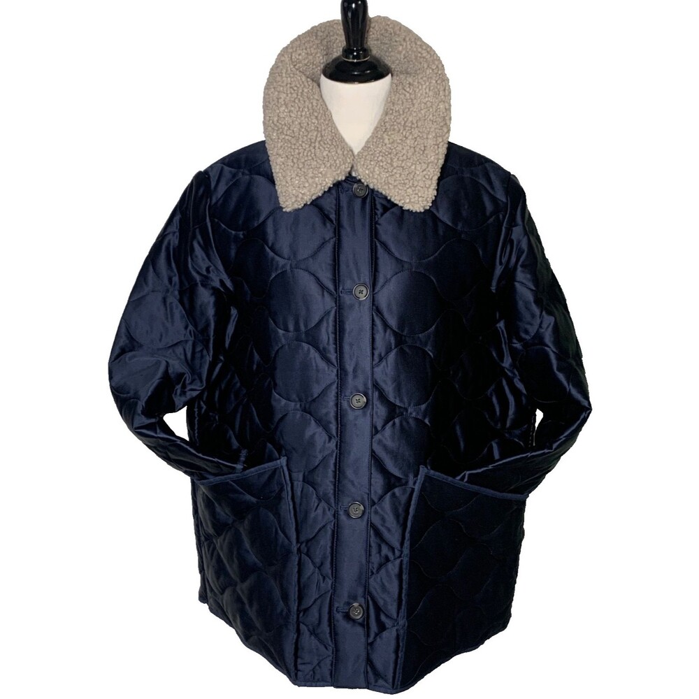J Crew Collection Quilted Cocoon Coat XXL Navy Sherpa Collar Primaloft NWT - Picture 2 of 14